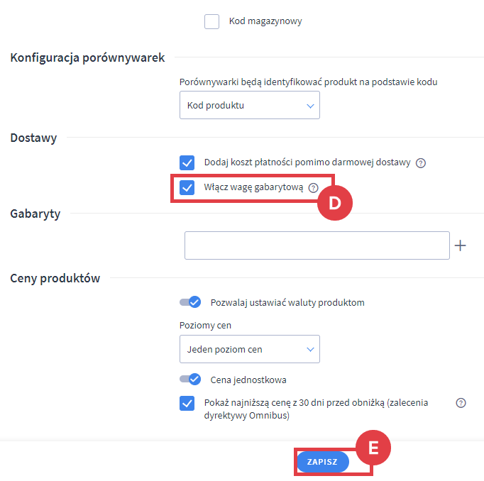 Włącz wagę gabarytową w sklepie Shoper Panel administracyjny sklepu > Ustawienia > Produkty > Ustawienia produktów > Dostawy > Waga gabarytowa