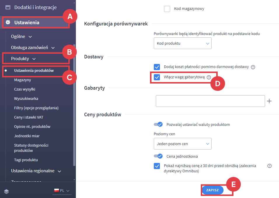 Włącz wagę gabarytową w sklepie Shoper Panel administracyjny sklepu > Ustawienia > Produkty > Ustawienia produktów > Dostawy > Waga gabarytowa