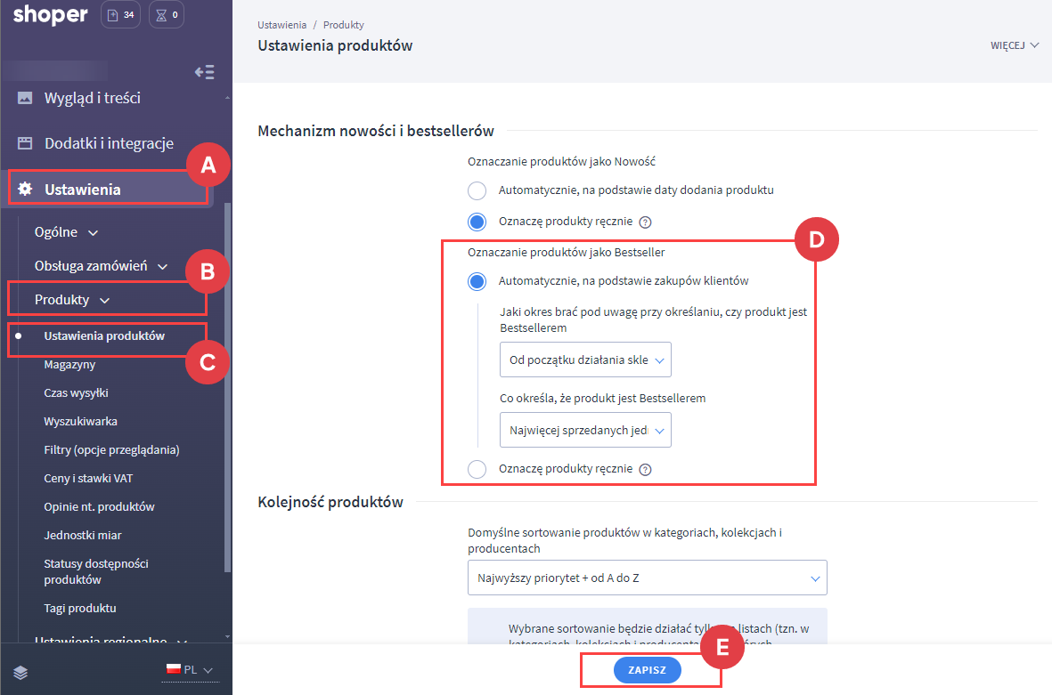 Wybierz ustawienia dla bestselerów Panel administracyjny > Ustawienia > Produkty > Ustawienia produktów