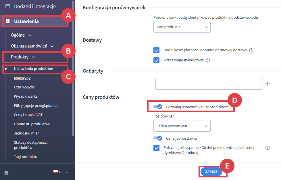 Włącz funkcję ustawiania innych walut produktom Panel administracyjny sklepu > Ustawienia > Produkty > Ustawienia produktów > Ceny > Waluty
