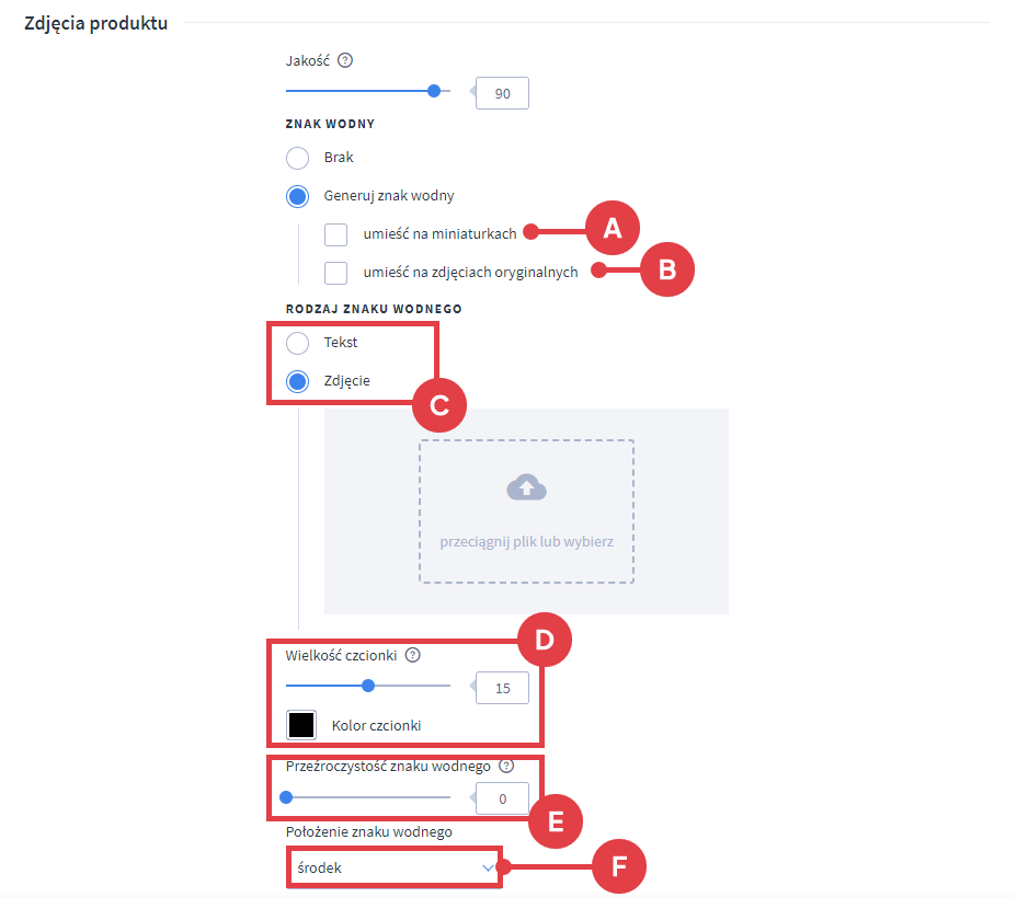 Ustaw znak wodny według własnych preferencji na zdjęciach produktów Panel administracyjny sklepu > Ustawienia > Produkty > Ustawienia produktów > Znak wodny > Generowanie znaku wodnego