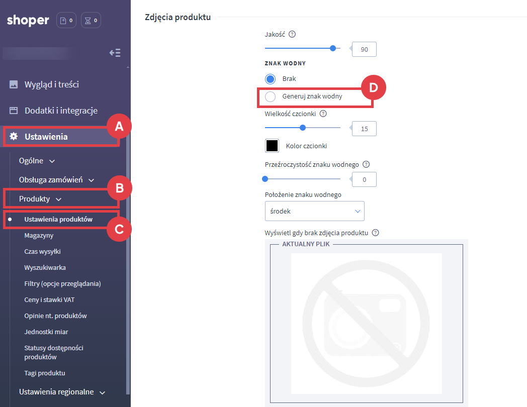 Generuj znak wodny w Panelu administracyjnym sklepu Shoper Panel administracyjny sklepu > Ustawienia > Produkty > Ustawienia produktów > Znak wodny