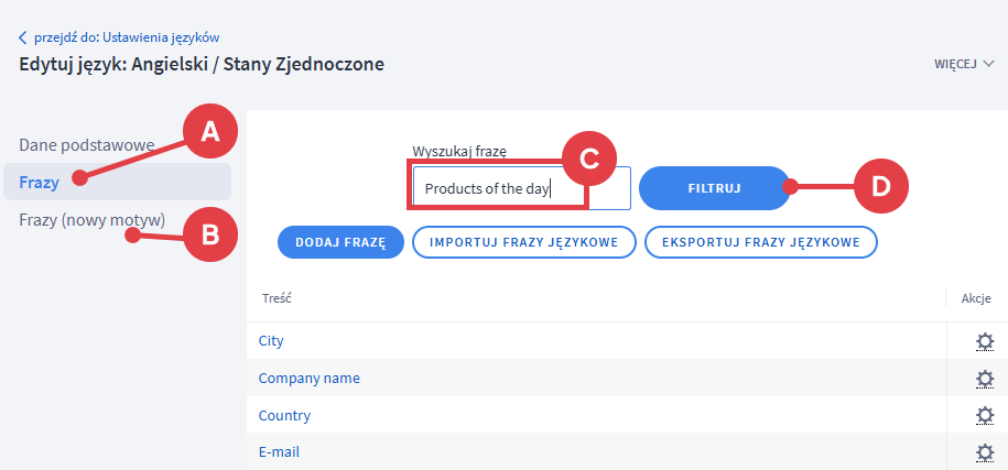 Panel administracyjny sklepu > Ustawienia > Ustawienia regionalne > Języki > Frazy