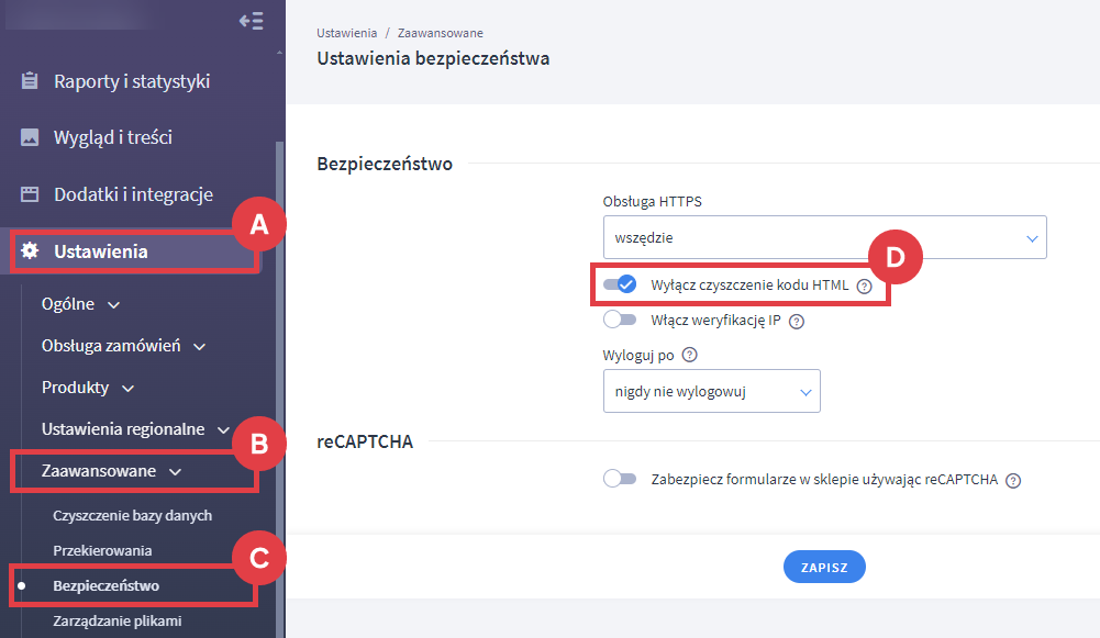 Wyłącz opcję czyszczenia kodu HTML Panel administracyjny sklepu > Ustawienia > Zaawansowane > Bezpieczeństwo > Czyszczenie kodu HTML