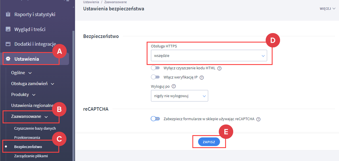 Włącz obsługę HTTPS Panel administracyjny > Ustawienia > Zaawansowane > Bezpieczeństwo