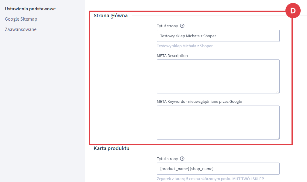Panel administracyjny sklepu > Ustawienia > Zaawansowane > SEO > Ustawienia podstawowe > Strona główna