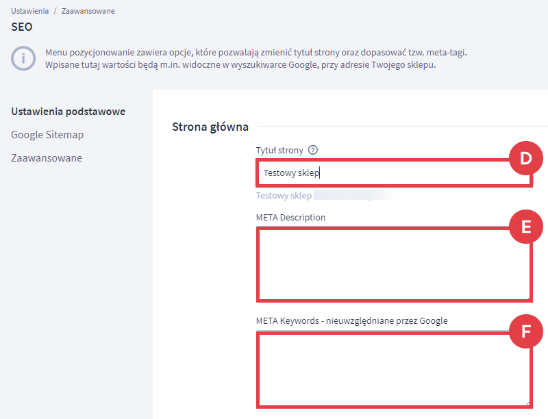 Zmień tytuł strony sklepu internetowego Panel administracyjny sklepu > Ustawienia > Zaawansowane > SEO