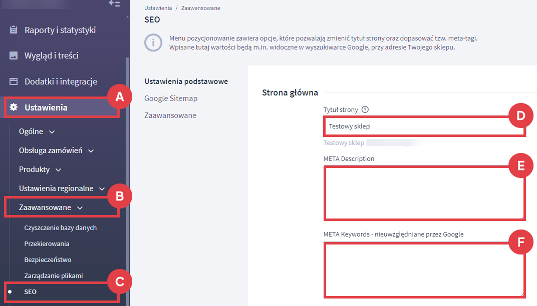 Panel administracyjny sklepu > Ustawienia > Zaawansowane > SEO