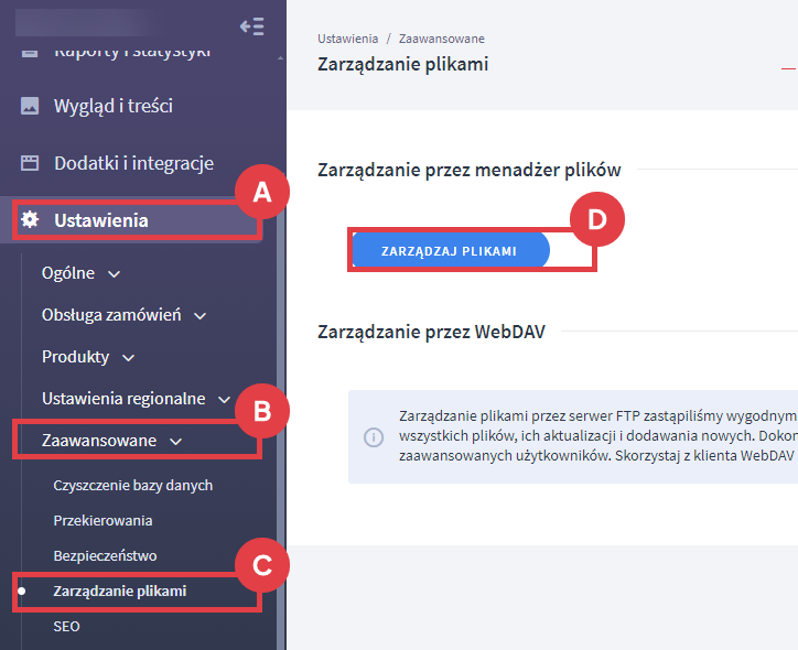 Zarządzaj plikami w Panelu administracyjnym sklepu Shoper Panel administracyjny sklepu - Ustawienia - Zaawansowane - Zarządzanie plikami