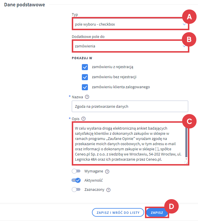 Panel administracyjny sklepu > Wygląd i treści > Dodatkowe pola formularzy > Dodawanie nowego pola > Formularz > Zgoda na przetwarzanie danych