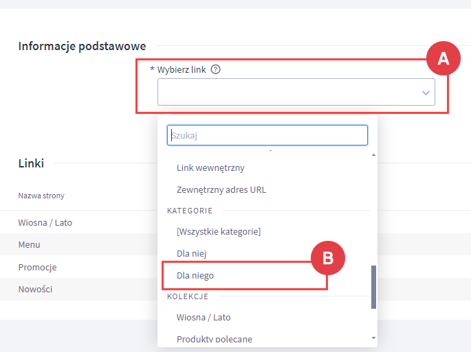 Kliknij wybraną kategorie aby dodać ją do nagłówka Panel Administracyjny > Wygląd sklepu > Linki w nagłówku i stopce > Nagłówek