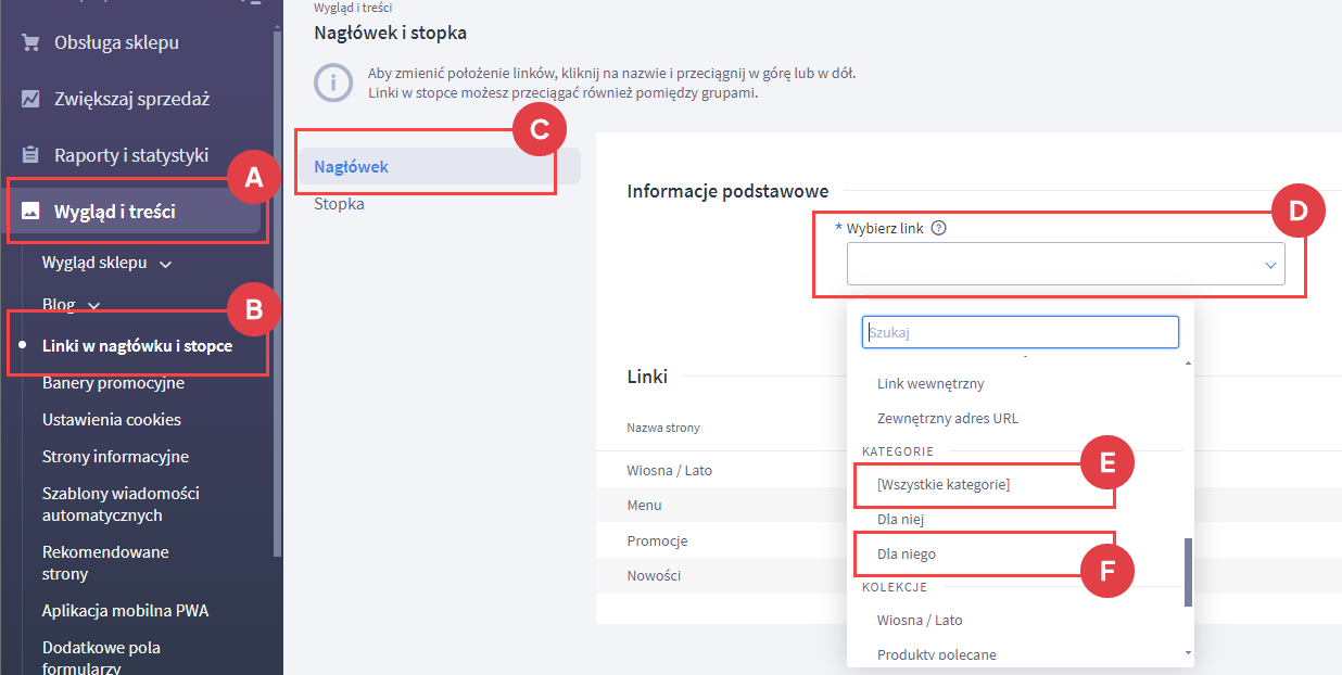 Kliknij kategorie aby dodać je do nagłówka Panel Administracyjny > Wygląd sklepu > Linki w nagłówku i stopce > Nagłówek