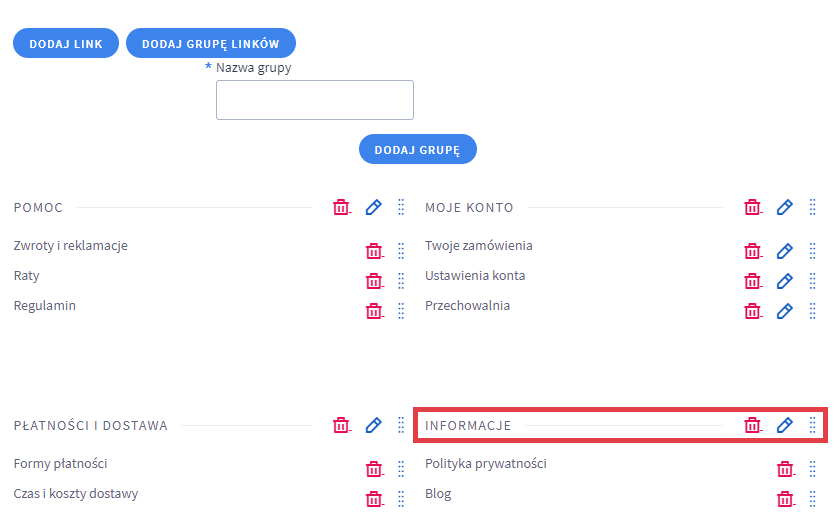 Zapoznaj się z ikonami do zarządzania grupą linków w stopce Panel administracyjny sklepu > Wygląd i treści > Linki w nagłówku i stopce > Stopka > Grupa linków