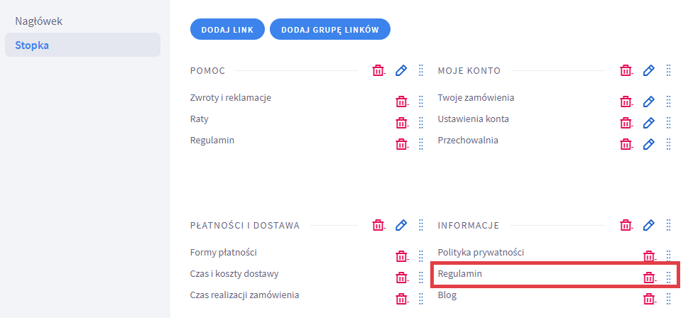 Sprawdź, czy link został poprawnie dodany do grupy Panel administracyjny sklepu > Wygląd i treści > Linki w nagłówku i stopce > Stopka > Link