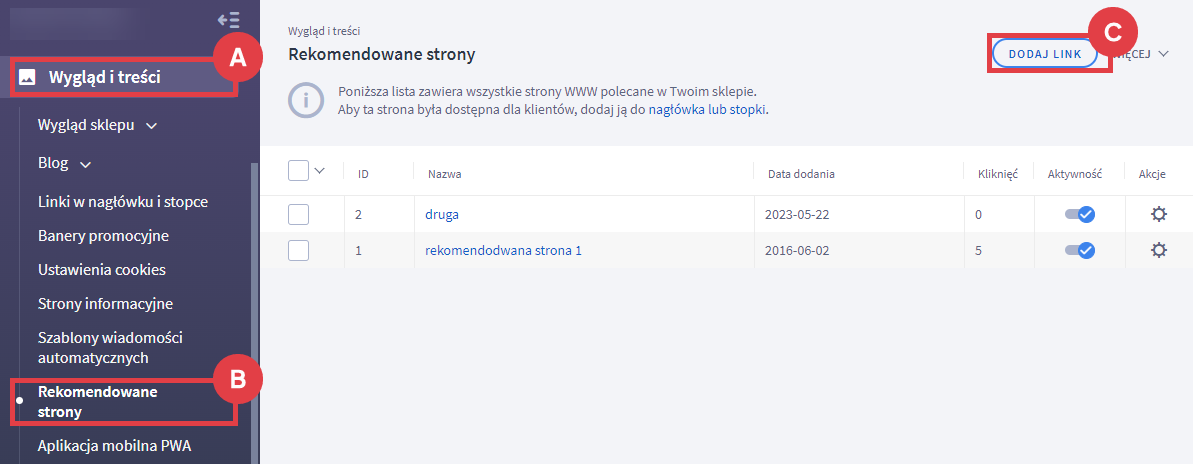 Dodaj link w rekomendowanych stronach dla sklepu internetowego Shoper Panel administracyjny sklepu > Wygląd i treści > Rekomendowane strony > Dodawanie linku