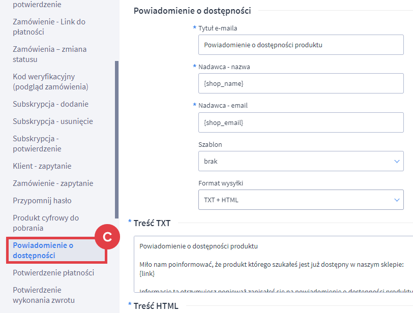 Panel administracyjny sklepu > Wygląd i treści > Szablony wiadomości automatycznych > Powiadomienie o dostępności