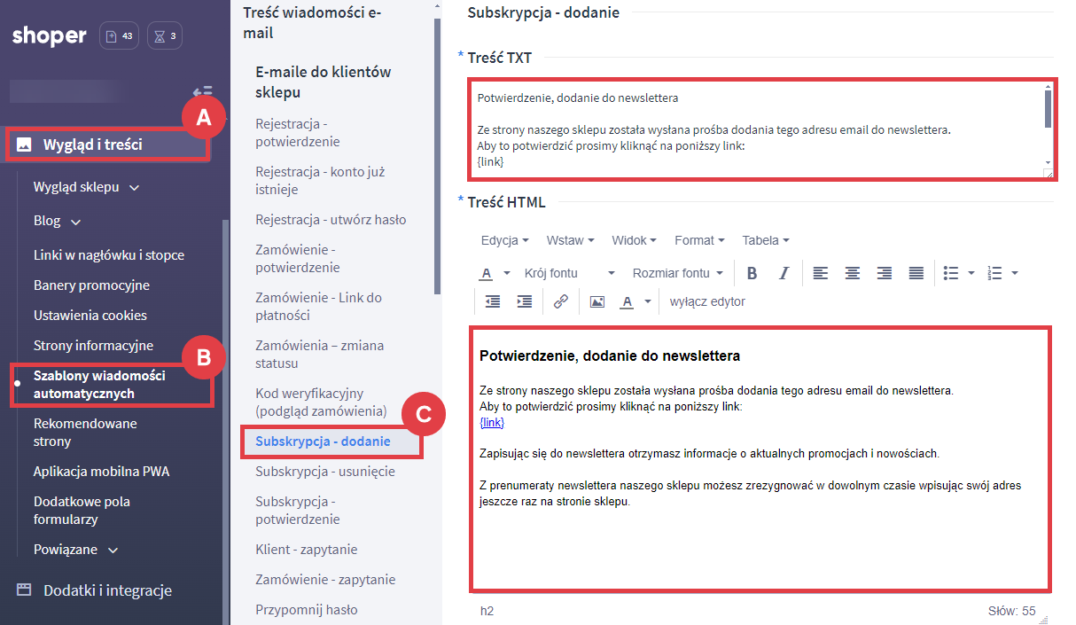 Panel administracyjny sklepu > Wygląd i treści > Szablony wiadomości automatycznych > Subskrypcja - dodanie