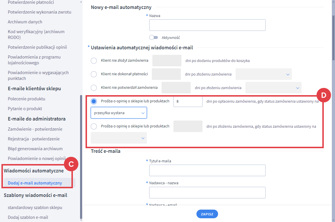 Panel administracyjny sklepu > Wygląd i treści > Szablony wiadomości automatycznych > Wiadomości automatyczne > Dodaj e-mail automatyczny