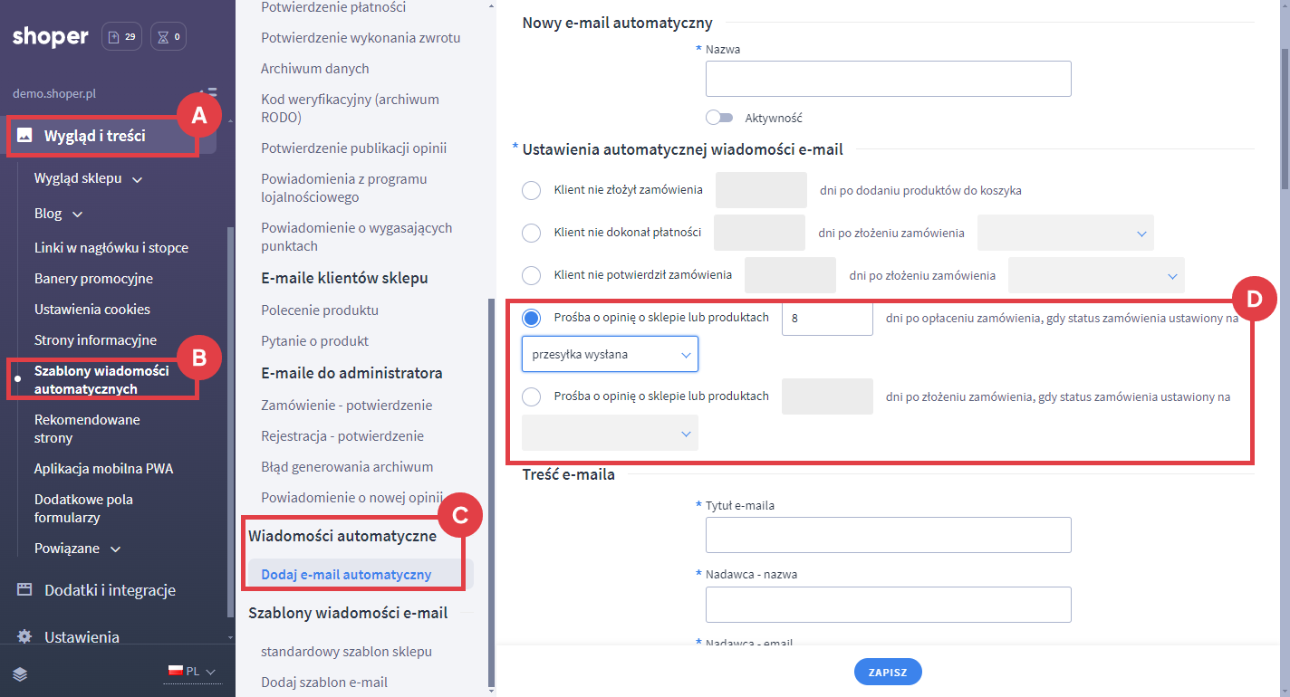 Panel administracyjny sklepu > Wygląd i treści > Szablony wiadomości automatycznych > Wiadomości automatyczne