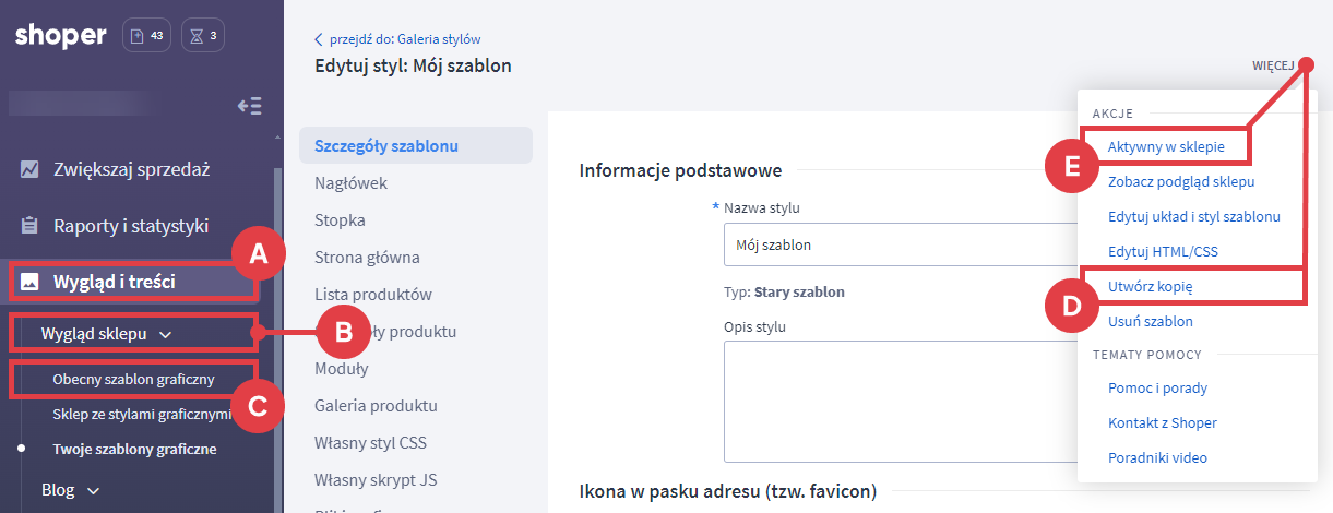 Wykonaj kopię bieżącego szablonu graficznego Panel administracyjny sklepu > Wygląd i treści > Wygląd sklepu > Obecny szablon graficzny > Więcej