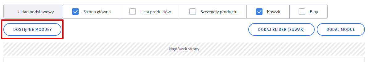 Panel administracyjny > Wygląd i treści > Wygląd sklepu > Obecny szablon graficzny > Moduły > Dostępne moduły