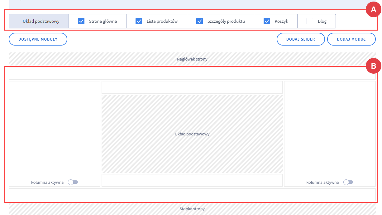 Dodaj moduł slider do wybranego widoku Panel administracyjny > Wygląd i treści > Wygląd sklepu > Obecny szablon graficzny > Moduły > Dostępne moduły