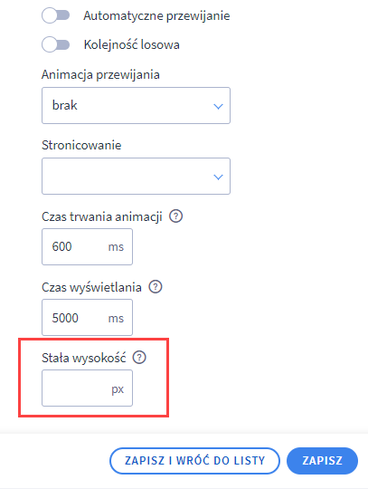 Nadanie wysokości w module Slider Panel administracyjny > Wygląd i treści > Wygląd sklepu > Obecny szablon graficzny > Moduły > Slider > Ustawienia