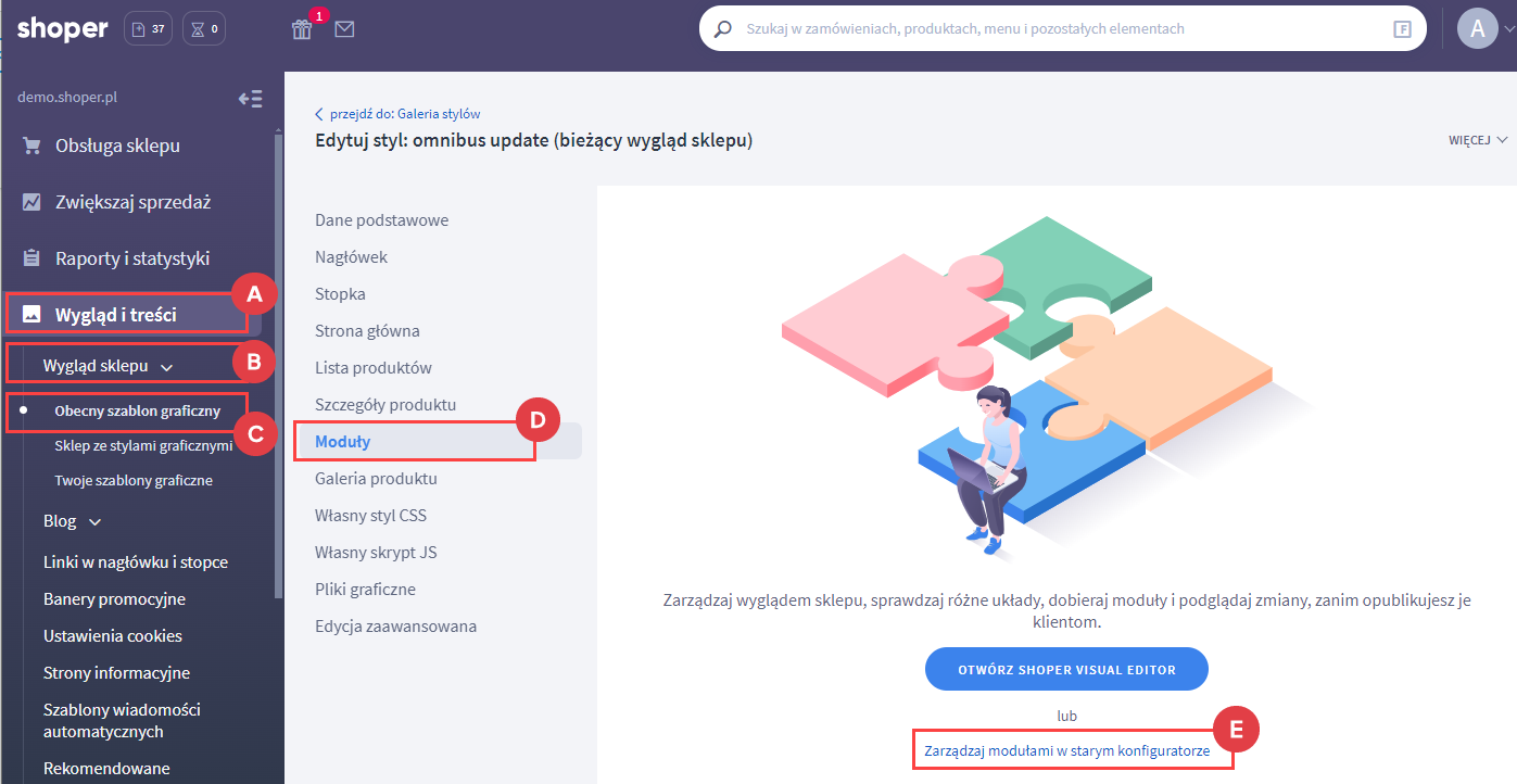 Panel administracyjny > Wygląd i treści > Wygląd sklepu > Obecny szablon graficzny > Moduły > Stary konfigurator