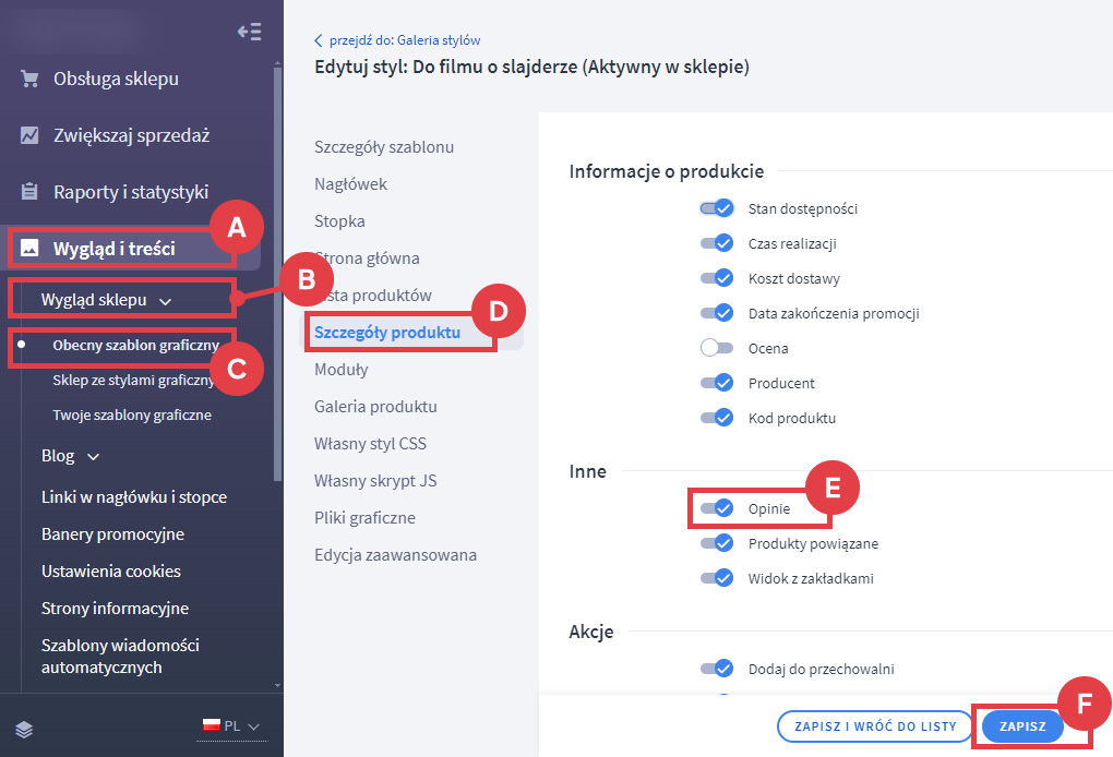 Panel administracyjny sklepu > Wygląd i treści > Wygląd sklepu > Obecny szablon graficzny > Szczegóły produktu
