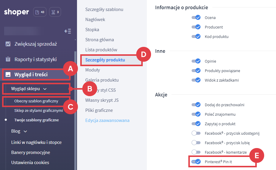 Panel administracyjny sklepu > Wygląd i treści > Wygląd sklepu > Obecny szablon graficzny > Szczegóły produktu > Akcje > Pinterest Pin it