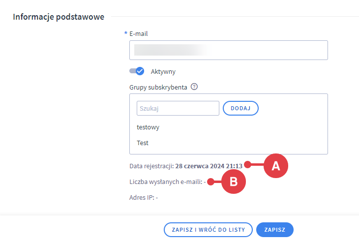 W edycji subskrybenta znajdziesz datę rejestracji i liczbę wysyłanych wiadomości Panel administracyjny sklepu > Zwiększaj sprzedaż > Newsletter > Subskrybenci > Dodawanie > Formularz > Dodatkowe pola