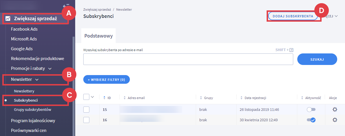 Dodaj nowego subskrybenta do bazy danych w sklepie Shoper Panel administracyjny sklepu > Zwiększaj sprzedaż > Newsletter > Subskrybenci > Dodawanie