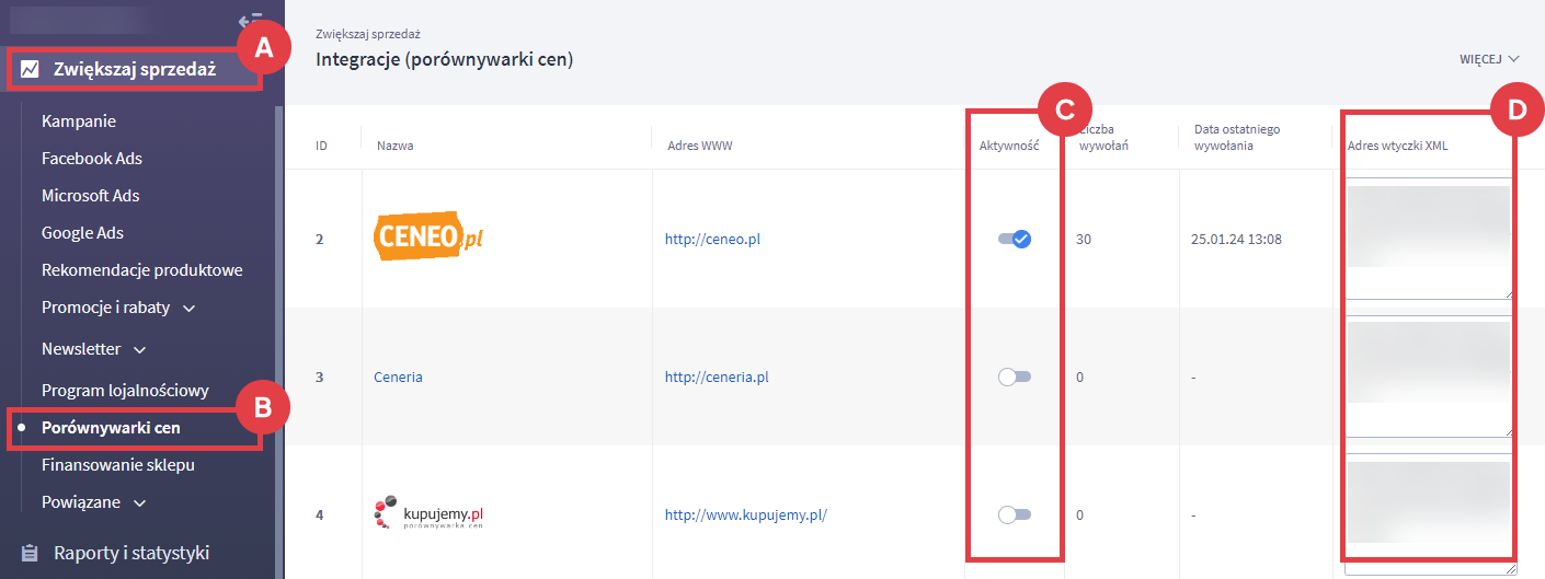 Włącz odpowiednią porównywarkę cen i skopiuj jej adres wtyczki XML Panel administracyjny sklepu > Zwiększaj sprzedaż > Porównywarki cen > Adres wtyczki XML