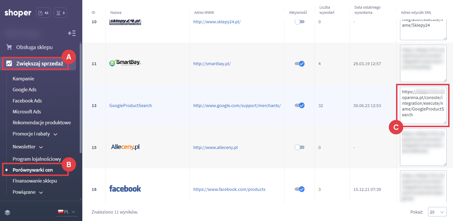 W GoogleProductSearch znajduje się link do bazy produktowej sklepu Panel administracyjny sklepu > Zwiększaj sprzedaż > Porównywarki cen