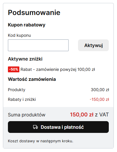 Informacja o zastosowanej zniżce widoczna w koszyku Zastosowany rabat po osiągnięciu danego progu
