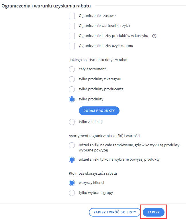Wybór ustawień kuponu rabatowego Panel administracyjny > Zwiększaj sprzedaż > Promocje i rabaty > Kupony Rabatowe > Dodaj kupon rabatowe