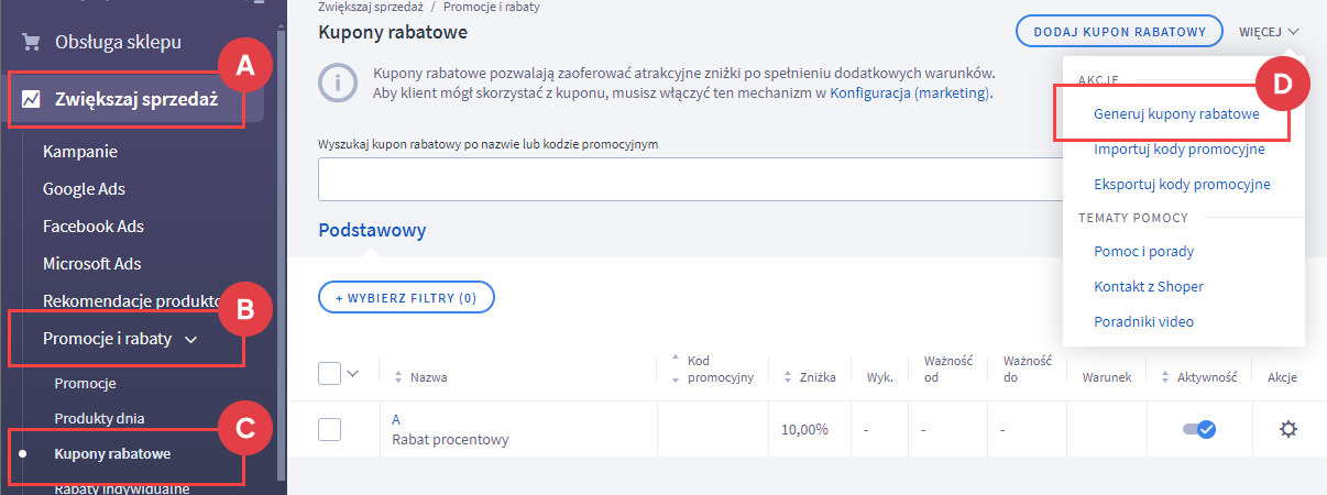 Masowe generowanie kuponów rabatowych Panel administracyjny > Zwiększaj sprzedaż > Promocje i rabaty > Kupony Rabatowe