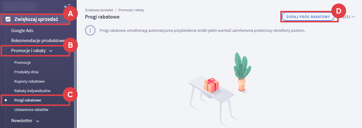 Dodaj nowy próg rabatowy w Panelu administracyjnym sklepu Shoper Panel administracyjny sklepu > Zwiększaj sprzedaż > Promocje i rabaty > Progi rabatowe > Dodawanie progu rabatowego