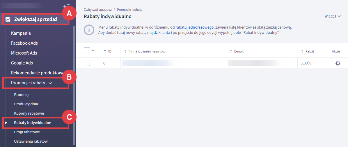 Panel administracyjny sklepu > Zwiększaj sprzedaż > Promocje i rabaty > Rabaty indywidualne > Lista