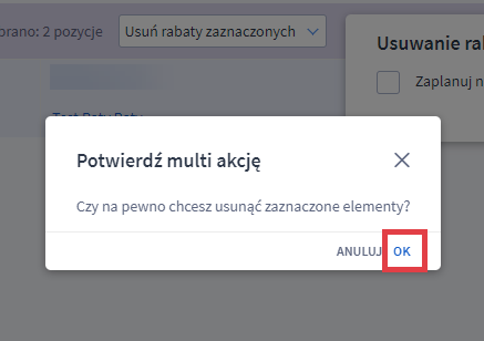 Aby usunąć stałą zniżkę cenową, musisz potwierdzić multi akcję w Panelu administracyjnym sklepu Panel administracyjny sklepu > Zwiększaj sprzedaż > Promocje i rabaty > Rabaty indywidualne > Zaznaczanie klientów > Usuwanie rabatu > Potwierdzenie wykonania akcji
