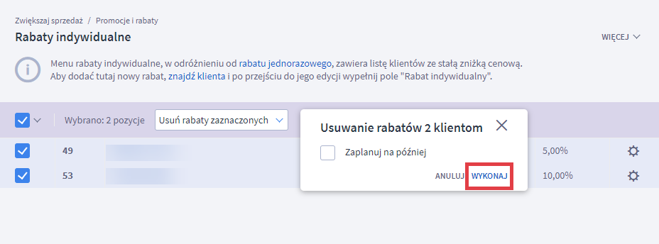 Wykonaj akcję usuwania rabatów zaznaczonym klientom w interfejsie Panel administracyjny sklepu > Zwiększaj sprzedaż > Promocje i rabaty > Rabaty indywidualne > Zaznaczanie klientów > Usuwanie rabatu > Wykonanie akcji