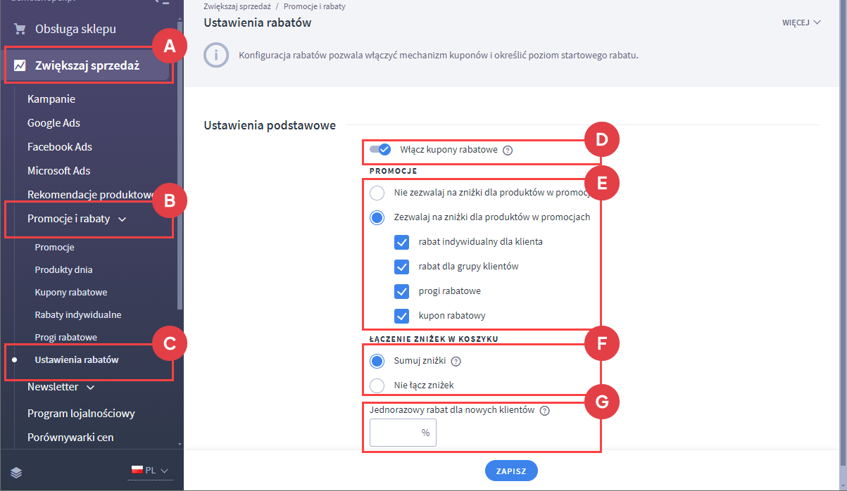 Panel administracyjny sklepu > Zwiększaj sprzedaż > Promocje i rabaty