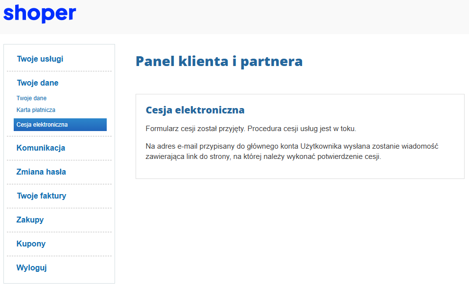 Komunikat informujący o wysłaniu na wskazany adres e-mail linku potwierdzającego dokonanie sesji Panel klienta > Cesja elektroniczna