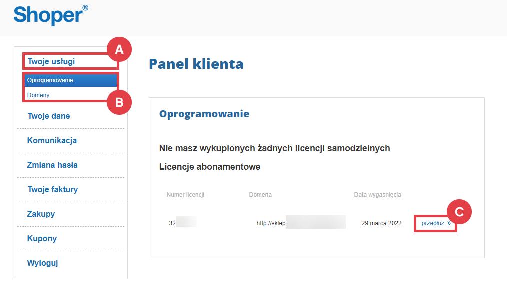 Panel klienta Shoper > Twoje usługi > Oprogramowanie > Licencja > Przedłużanie