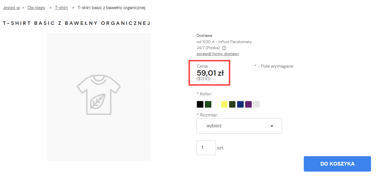 Podgląd karty produktu z ceną w innej walucie niż domyślna Strona sklepu Shoper > Karta produktu > Cena w innej walucie