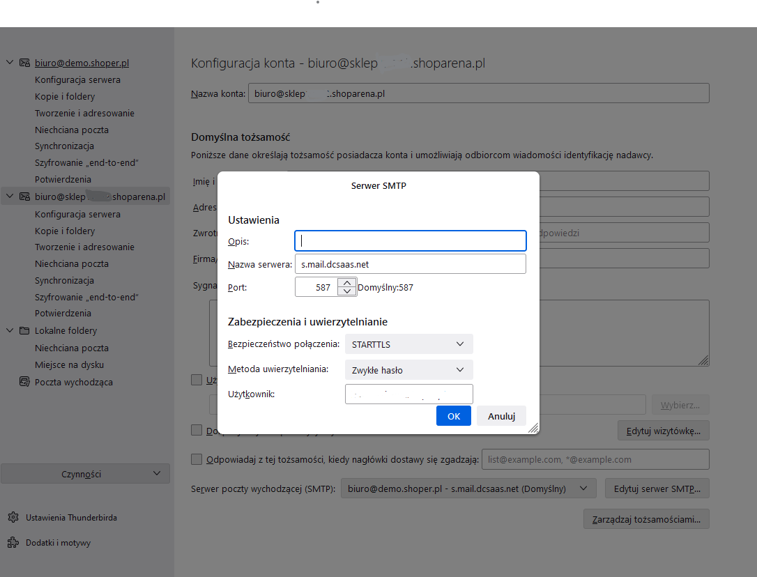 Edytuj serwer SMTP dla konta pocztowego Edycja serwera poczty wychodzącej SMTP konta pocztowego w programie Thunderbird
