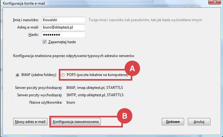 Przejdź do zaawansowanej konfiguracji konta pocztowego w programie Thunderbird Program Thunderbird > Narzędzia konfiguracyjne > Konto pocztowe