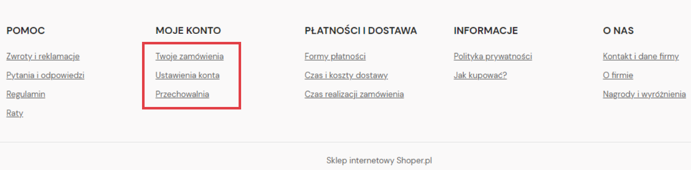 Przykład linków prowadzących do Panelu logowania klienta sklepu Podgląd strony sklepu Shoper > Stopka > Moje konto