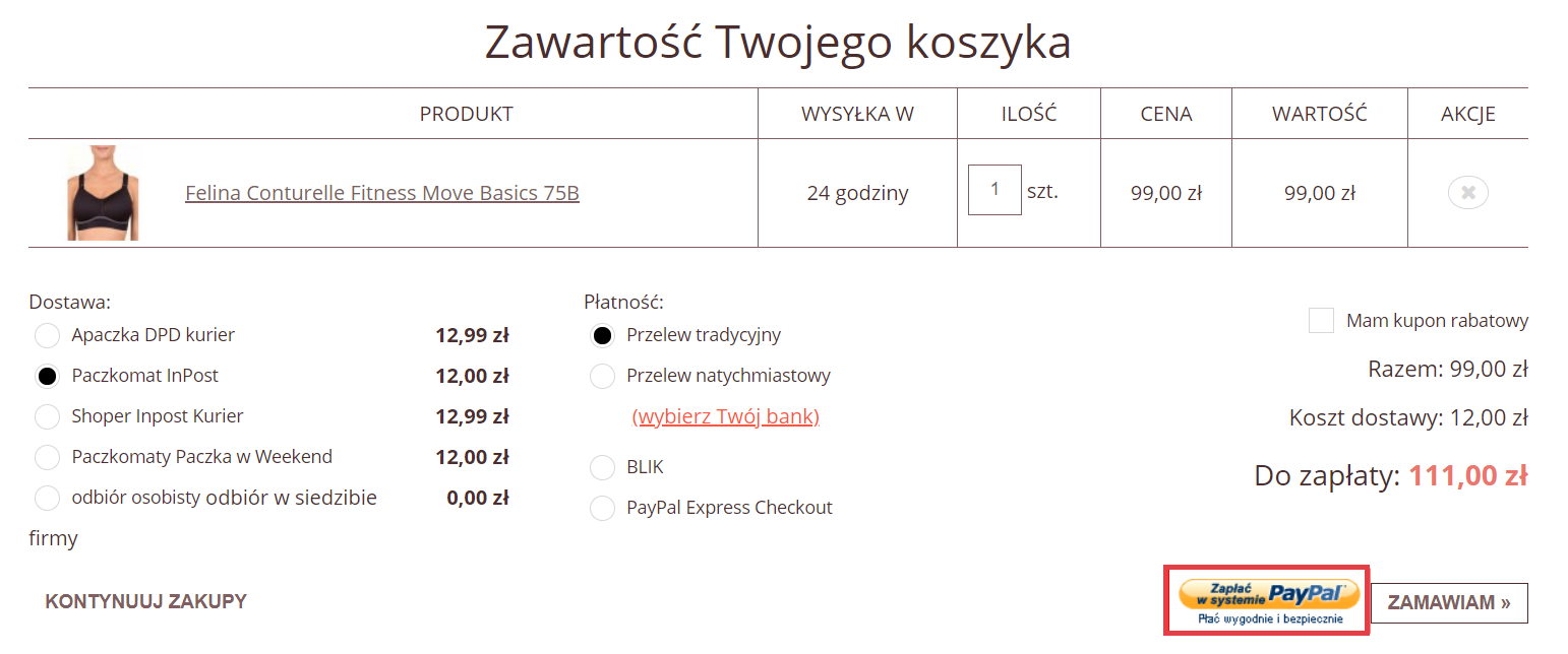 Przykładowy widok zawartości koszyka z możliwością zapłaty w systemie PayPal