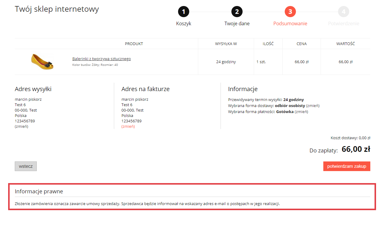 Przykładowy widok modułu z informacją na stronie koszyka Strona sklepu Shoper > Zamówienie > Koszyk > Dane > Podsumowanie